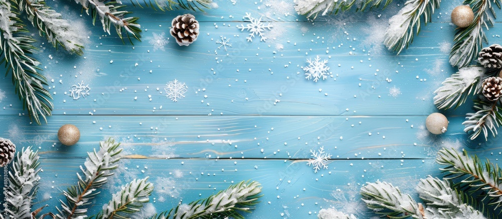 Aufkleber A view from above the snowy Christmas scene on a blue wooden background with designated copy space image.