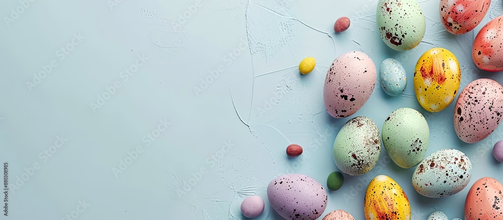 Wall mural An overhead view of Easter eggs arranged beautifully with space for text, creating a stylish copy space image.