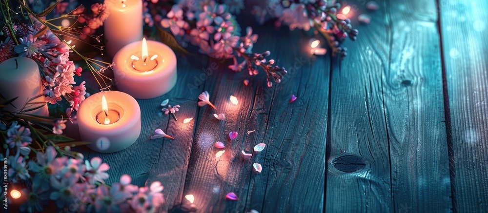 Poster a serene spa arrangement displayed on a wooden surface with glowing candles, fresh flowers, and a de