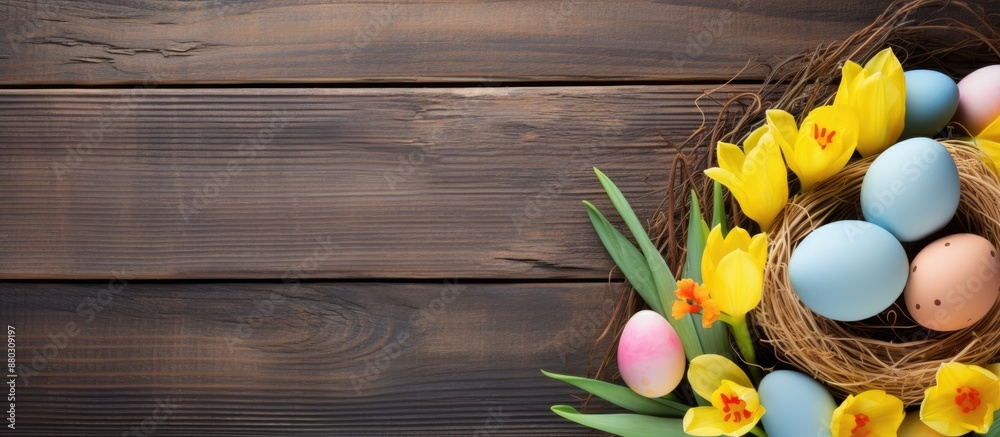 Poster close-up of a vibrant easter display: colorful eggs in a large nest, bright daffodils, and an empty 