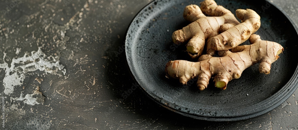 Poster a sprouted ginger root placed on a black plate with copy space image.