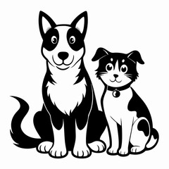 Black and White Illustration of a Happy Dog and Cat Duo