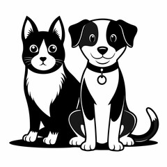 Black and White Illustration of a Happy Dog and Cat Duo
