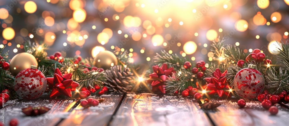 Poster festive backdrop with christmas decorations arranged for a copy space image.