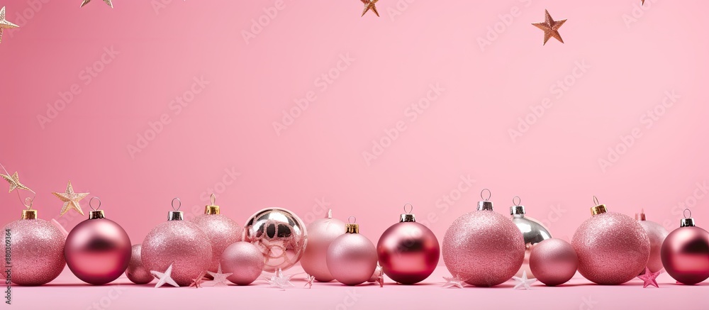 Aufkleber a christmas-themed composition with decorative balls and ornaments against a pink background, ideal 