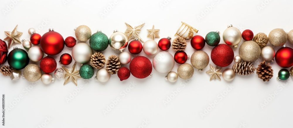Poster Festive holiday arrangement with ornaments set against a white backdrop. Embracing Christmas, winter, and New Year themes in a top-down view with room for text or graphics.
