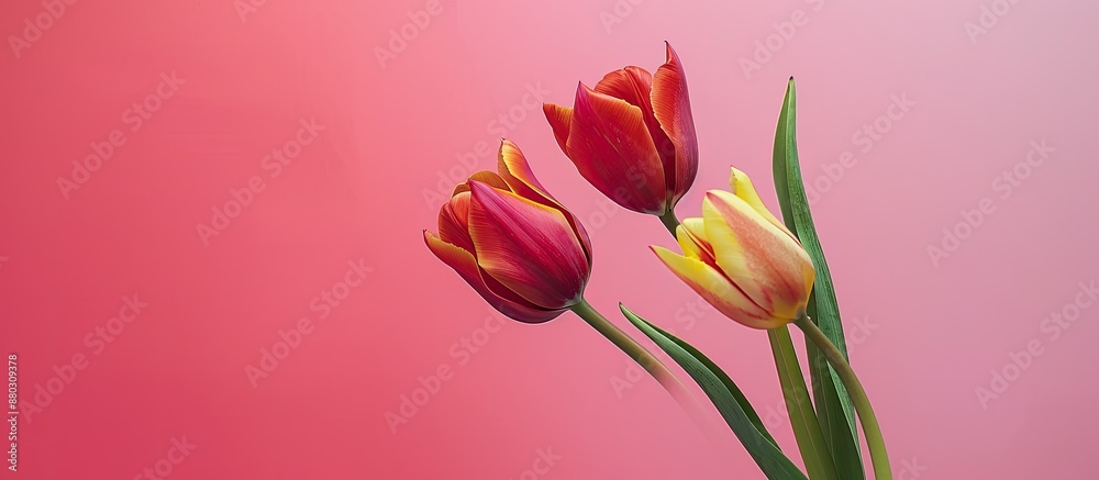 Aufkleber spring flowers art with a creative layout featuring red and yellow tulip on a gradient pink backgrou