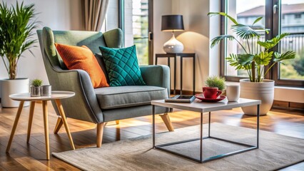 Modern minimalist living room interior with sleek armchair, empty coffee table, and contemporary decor, awaiting feminine presence.