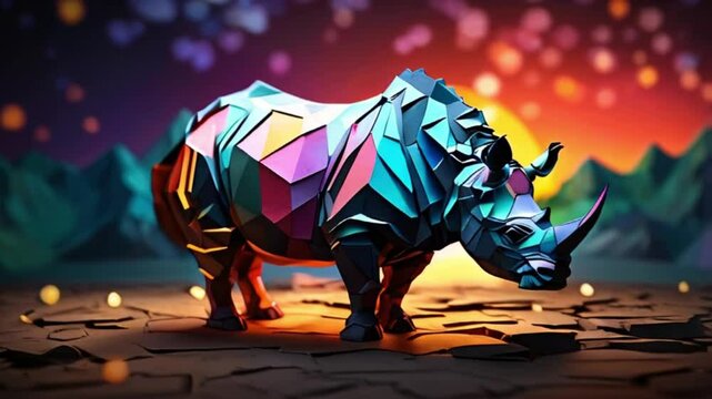 カラフルな夕焼けとサイの切り絵デザイン 明るく風変わりな映像