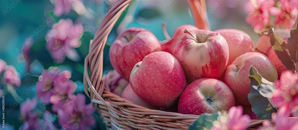 Aufkleber A photo of ripe apples in a basket with pink and turquoise tones creating a vibrant look, showcasing a beautiful display with copy space image.