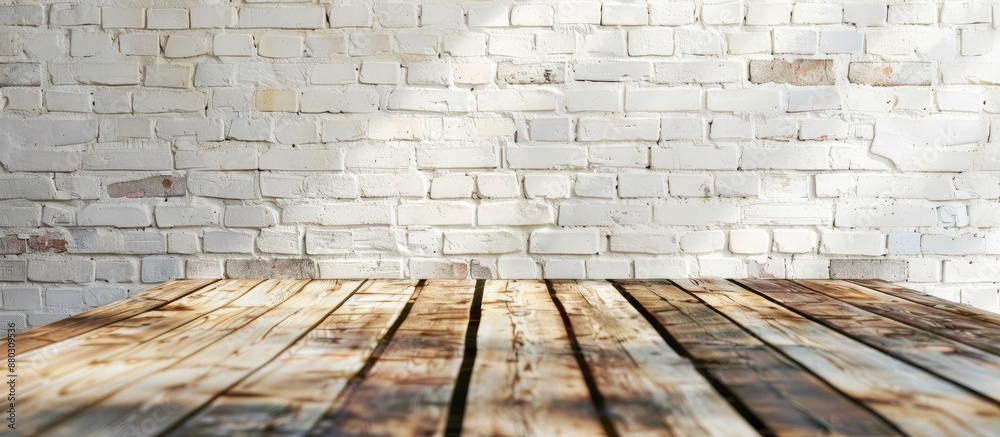 Aufkleber mockup scene with empty copy space image on a wooden surface against a white brick wall background, 