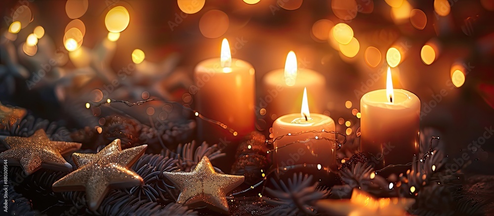 Poster burning candles with twinkling stars on a christmas background provide an elegant ambience for the f