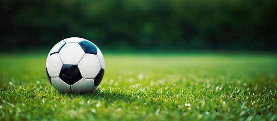 A soccer ball on a synthetic grass-imitating green surface for sports photography with a copy space image.
