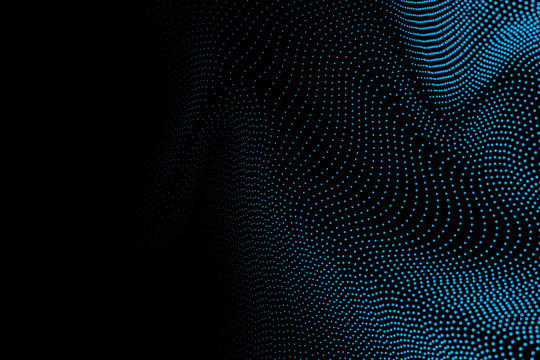 Flowing dots particles wave pattern blue green gradient light isolated on black background. Vector in concept of technology, science, music, modern.