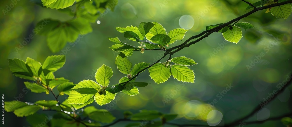 Aufkleber a lush green branch with fresh leaves set in a forest, providing ample copy space image.