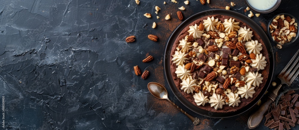 Aufkleber Top view of an Esterhazy cake on a dark background with copy space image. A stunning dessert featuring white and dark chocolate, complemented by nuts.