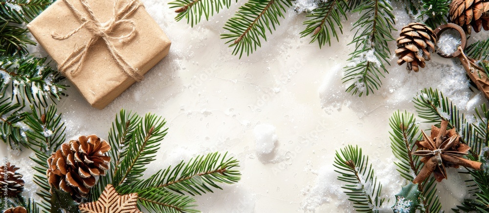 Poster top-view christmas scene with a border and copy space image features green pine branches, cones, a g