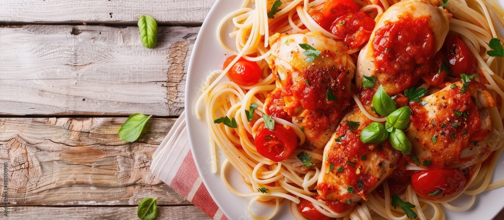 Poster chicken and pasta in a savory tomato sauce as a dish with a blank space for an image.