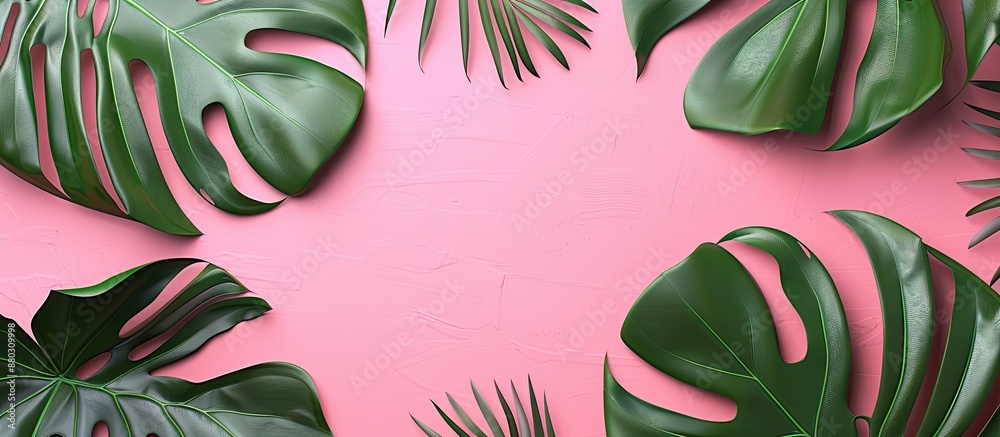 Aufkleber Top view image of a Monstera leaf model on a pastel background, with space for adding additional elements within the picture.