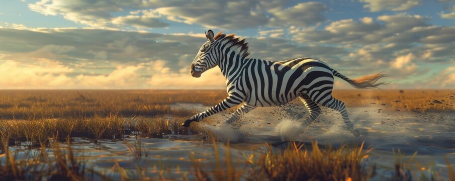 Swift zebra galloping across the plains, 4K hyperrealistic photo
