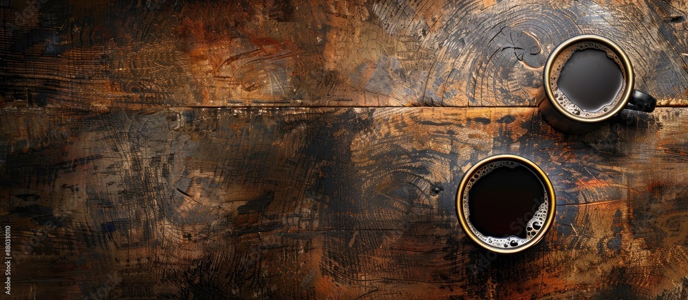 Aufkleber wooden table with black coffee providing a textured abstract background and room for text in a copy 