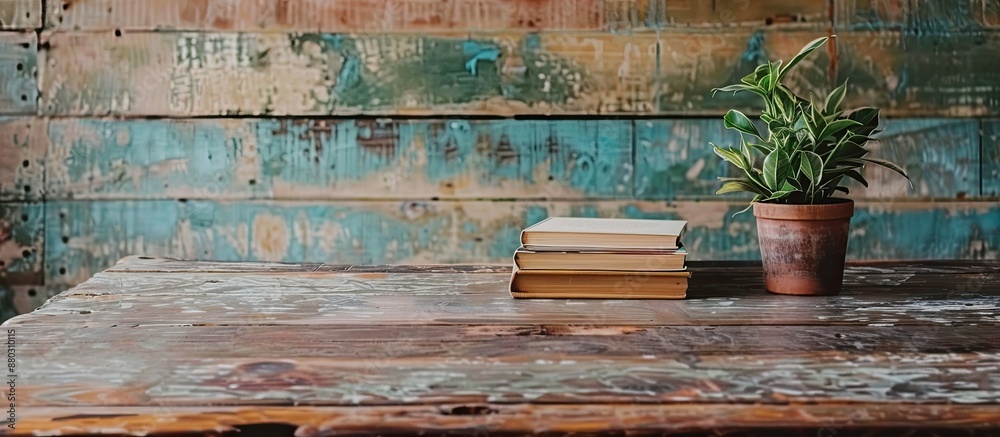 Poster a wooden table displayed with a book on it, providing copy space image.