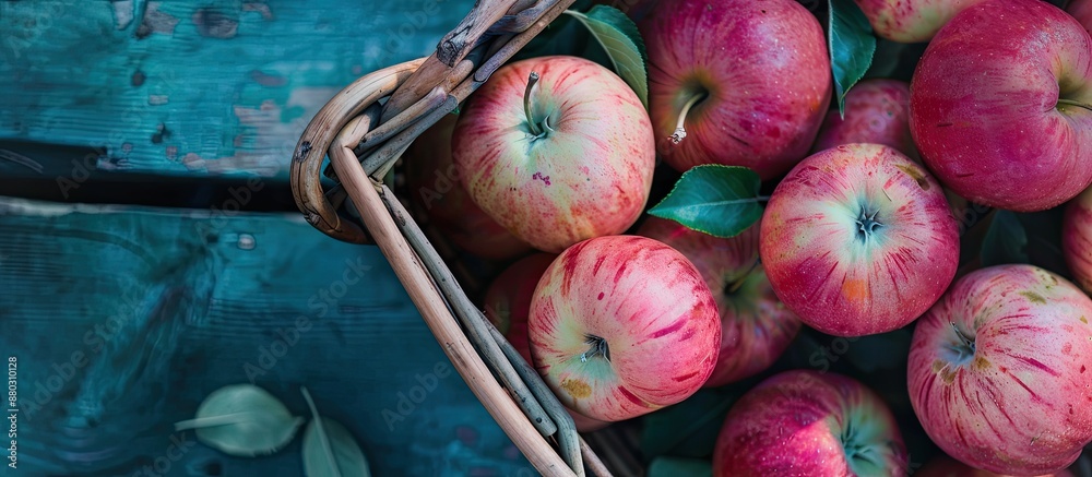 Poster A photo of ripe apples in a basket with pink and turquoise tones creating a vibrant look, showcasing a beautiful display with copy space image.
