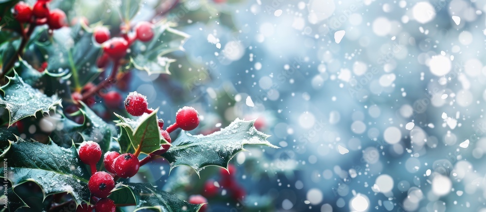 Poster snow-covered holly branch in a garden setting, creating a festive christmas background with ample co