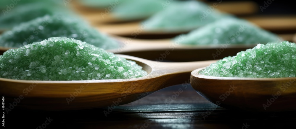 Poster close-up of green bath salt displayed in wooden spoons with copy space image.