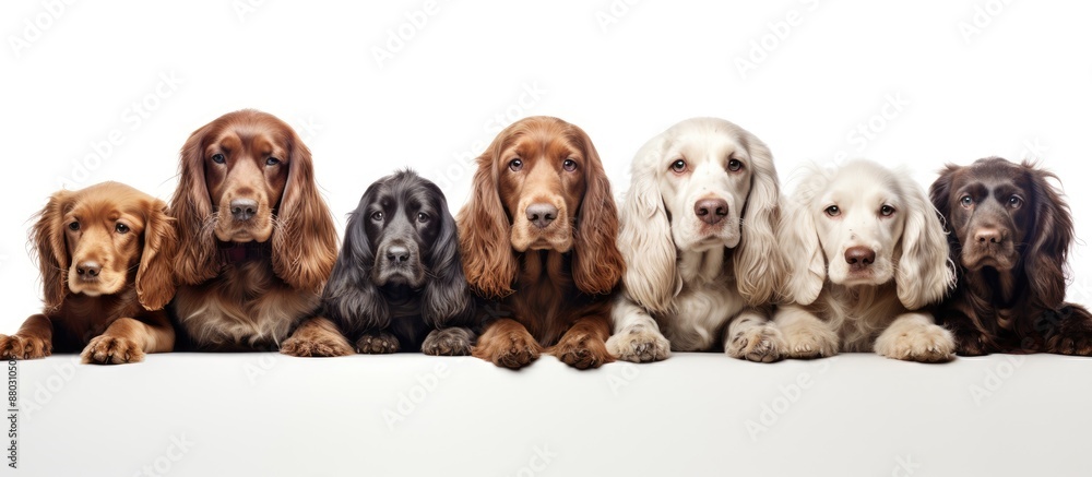 Poster arrange english cocker spaniels and american cocker spaniel dogs in front of a white background for 