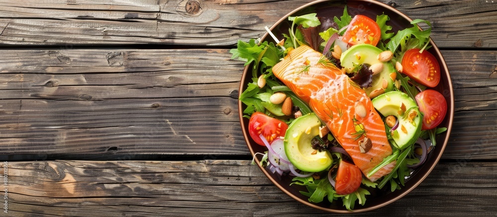 Aufkleber Salmon and avocado salad presented on a quaint wooden table with a blank area for additional image content.