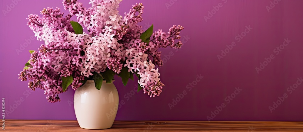 Poster a lilac bouquet in a vase with a brown background, featuring ample copy space image.
