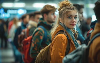 A woman with a scarf on her neck stands in a line of people. She is the only one with a backpack