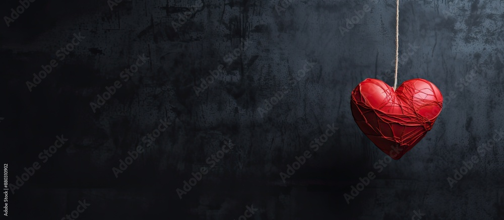 Aufkleber red heart hanging on a string against a crumpled black backdrop, depicting a love relationship conce
