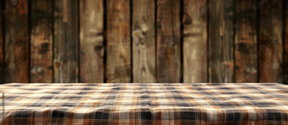 Aufkleber wooden table with a checkered tablecloth, perfect for showcasing a copy space image.