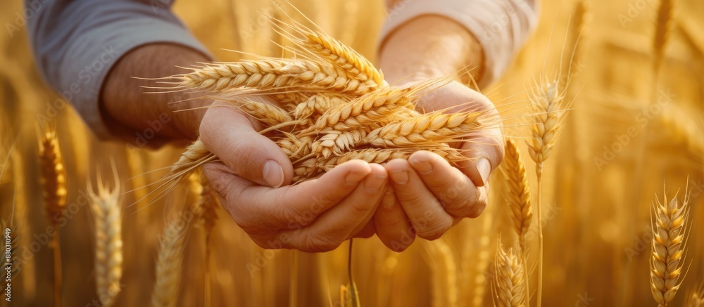 Poster close-up view of hands holding golden wheat ears in a wheat field, with a ripening background provid
