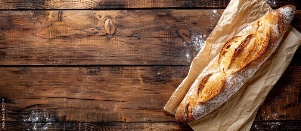 Poster bakery-fresh baguette on a wooden backdrop with copy space image.