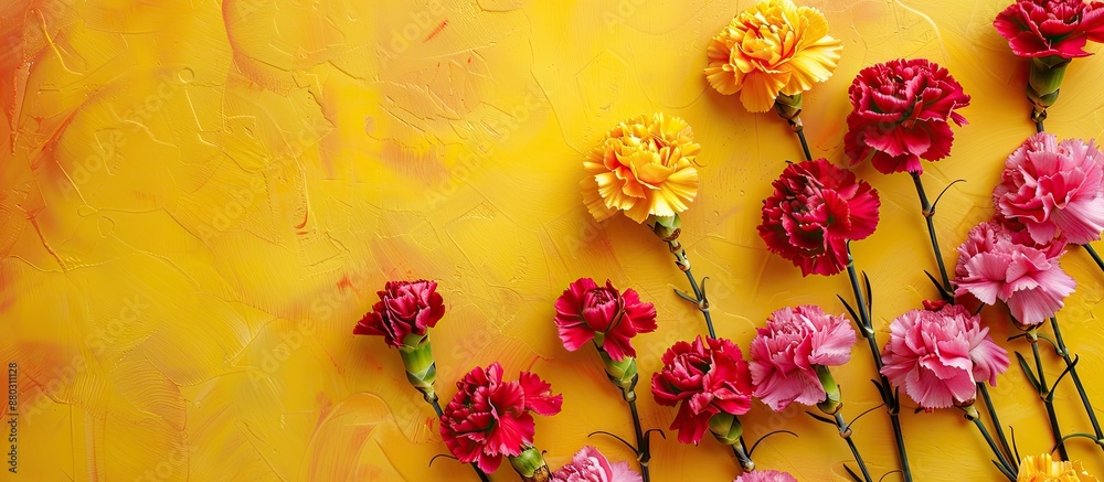 Poster colorful carnation flowers displayed on a vibrant background with copy space image.