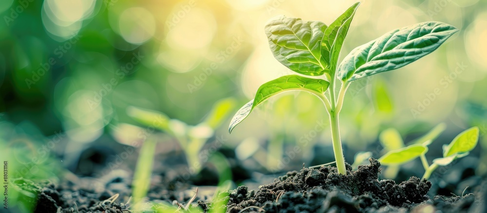 Poster a budding plant in a garden symbolizing progress or success against a copy space image.