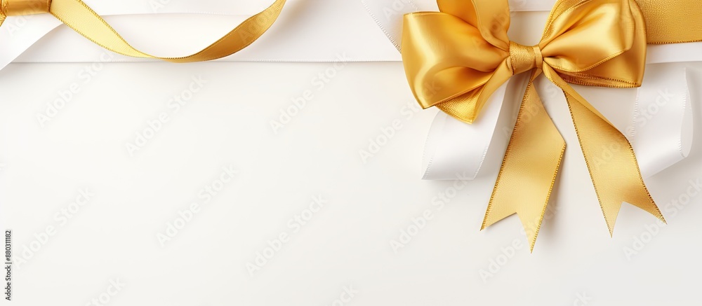 Poster white background with two gold silk ribbons in different styles, elegantly arranged, finishing in a 
