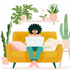 Fototapeta premium An illustration of a woman with a large afro hair working on a laptop at a desk with plants and a coffee mug.surrounded by houseplants