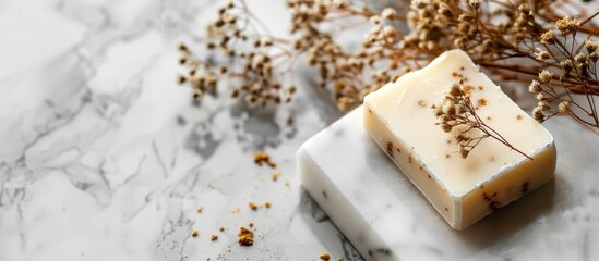 Soap bar presented on marble with copy space image