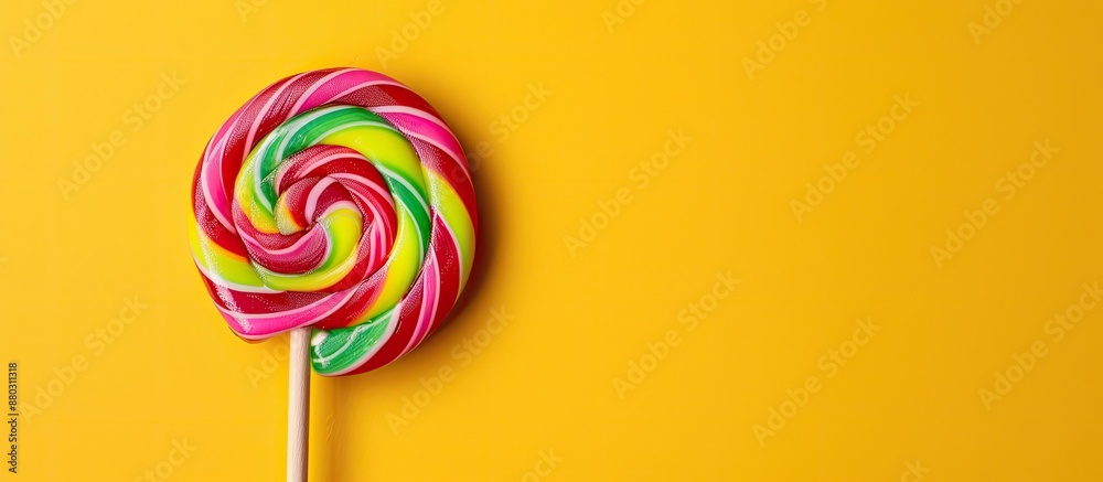 Poster colorful lollipop on stick against bright background with copy space image.
