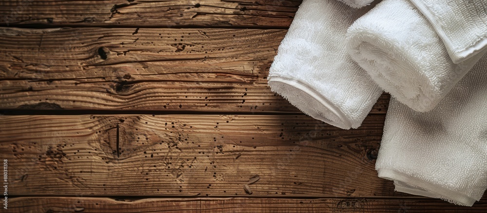 Poster Spa towels elegantly displayed on a wooden surface with inviting copy space image.