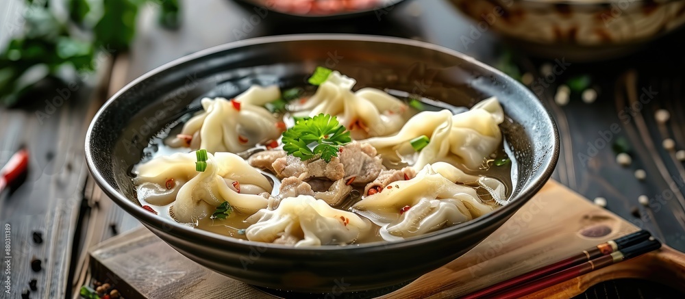 Poster Table with a soup bowl containing dumplings and meat, positioned for a copy space image.