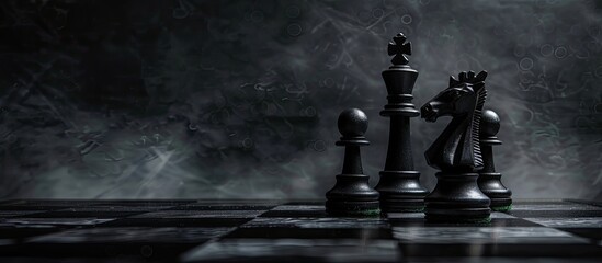 Chess pieces strategically placed on a dark backdrop with ample copy space image.