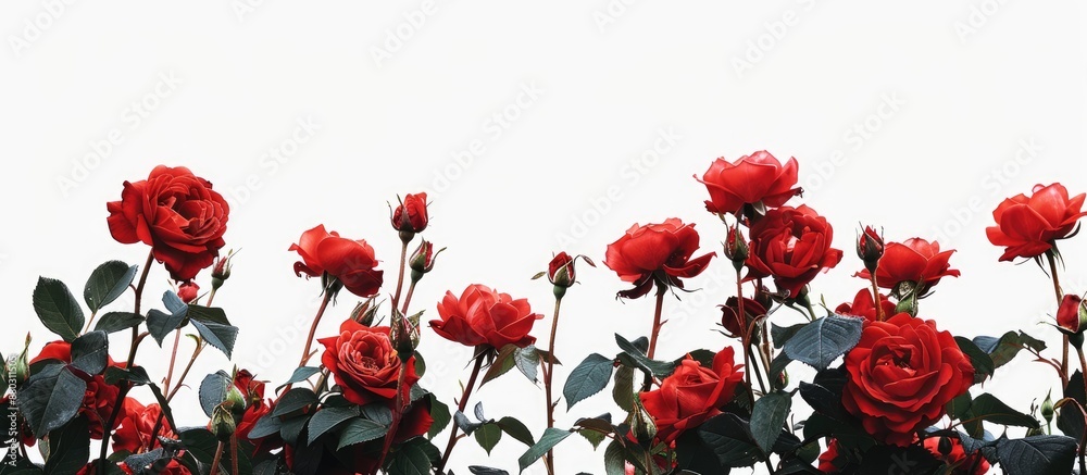 Poster a bunch of vibrant red roses with a clear area for text or other elements in the image bush