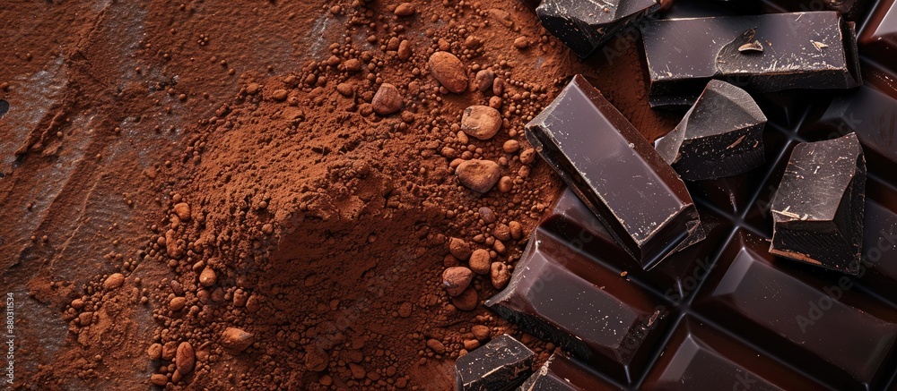 Poster detailed shot of cocoa powder and dark chocolate with copy space image nearby.