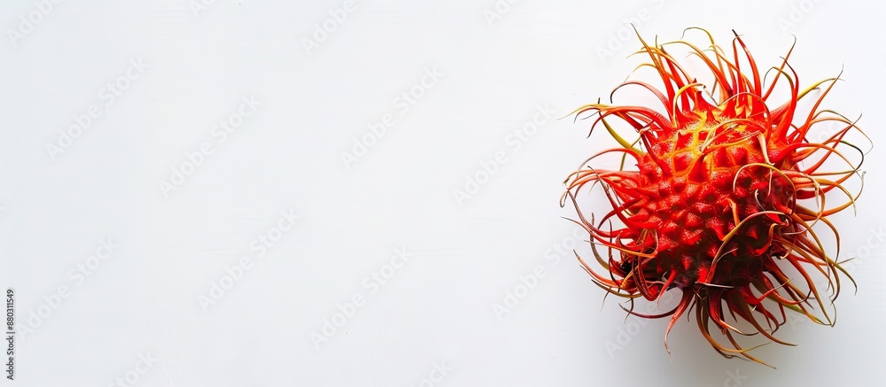 Poster a ripe rambutan fruit showcased on a pristine white backdrop with copy space for image exposure.
