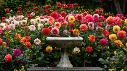 A neatly arranged garden of colorful dahlias, with a quaint birdbath in the center.